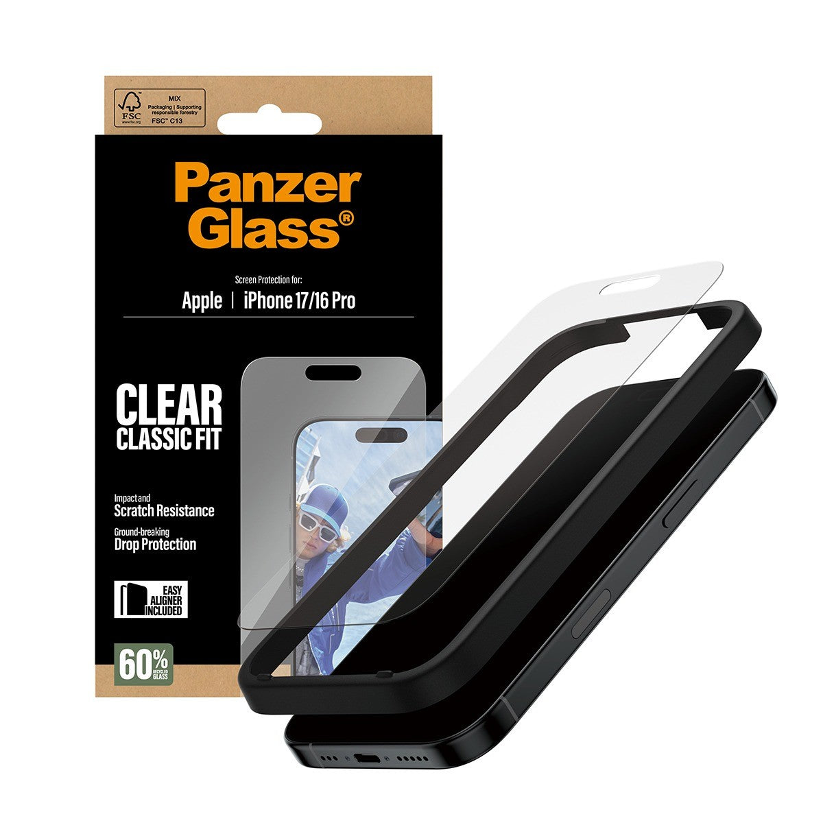 PanzerGlass iPhone 16 Pro/iPhone 17 Skjermbeskytter Classic Fit EasyAligner