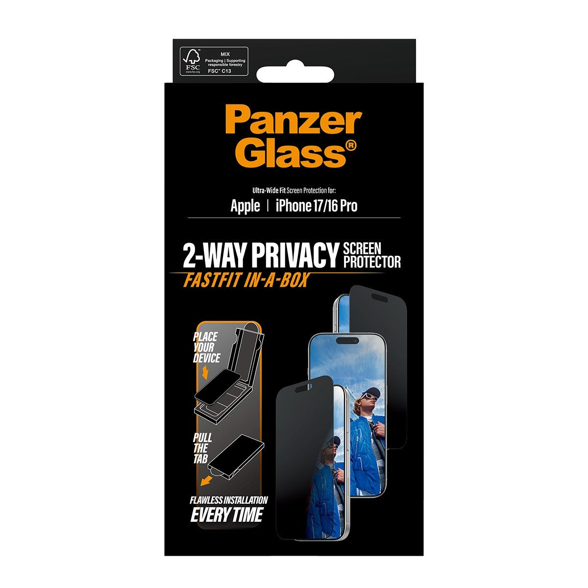 PanzerGlass iPhone 16 Pro/iPhone 17 Skjermbeskytter Ultra-Wide Fit Privacy Fastfit