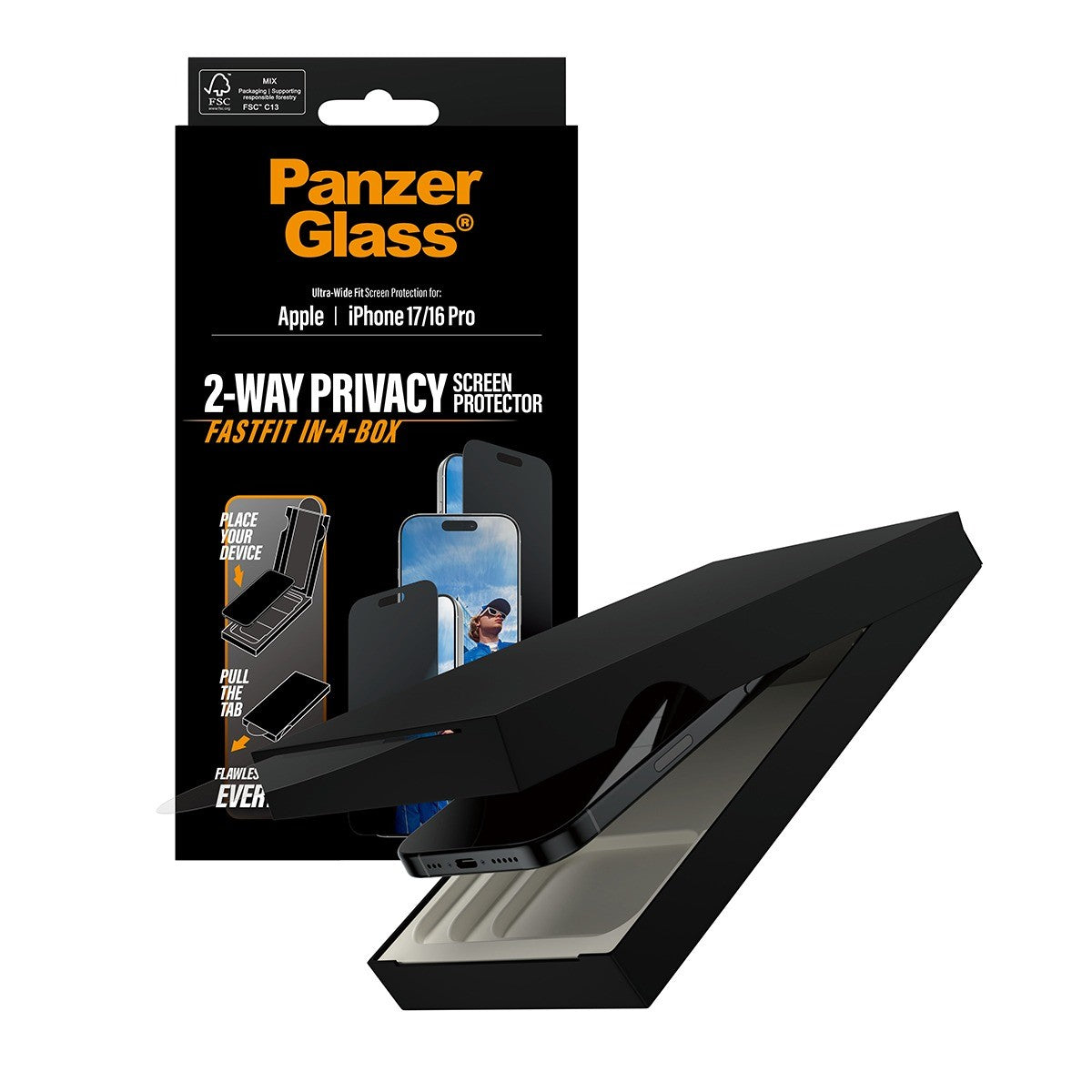 PanzerGlass iPhone 16 Pro/iPhone 17 Skjermbeskytter Ultra-Wide Fit Privacy Fastfit