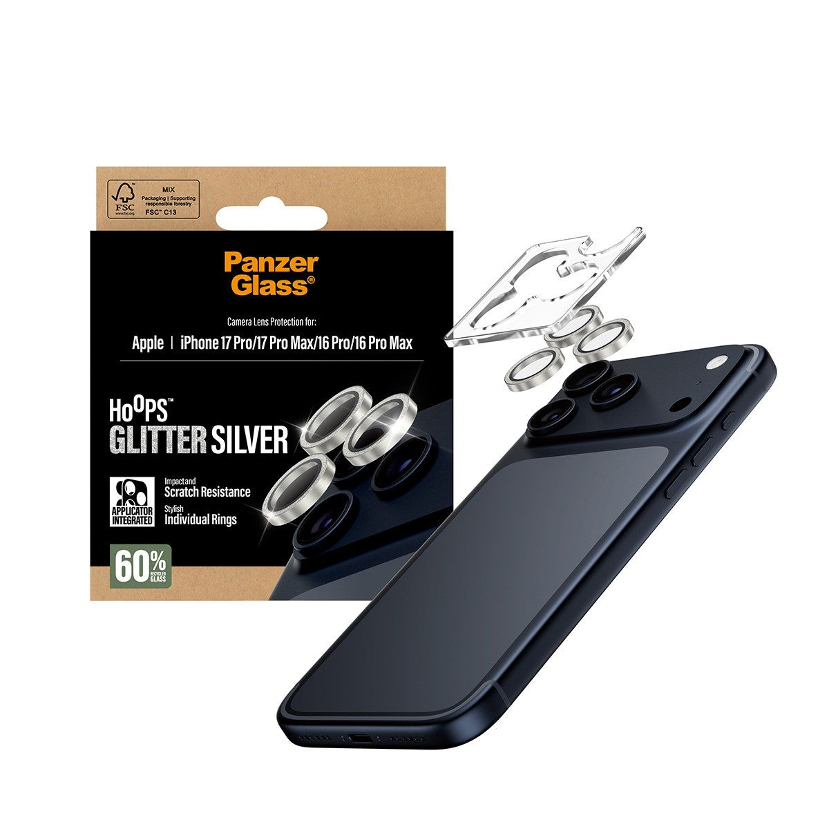 PanzerGlass iPhone 16 Pro/Pro Max/17 Pro/Pro Max Linsebeskyttelse Hoops Glitter Sølv