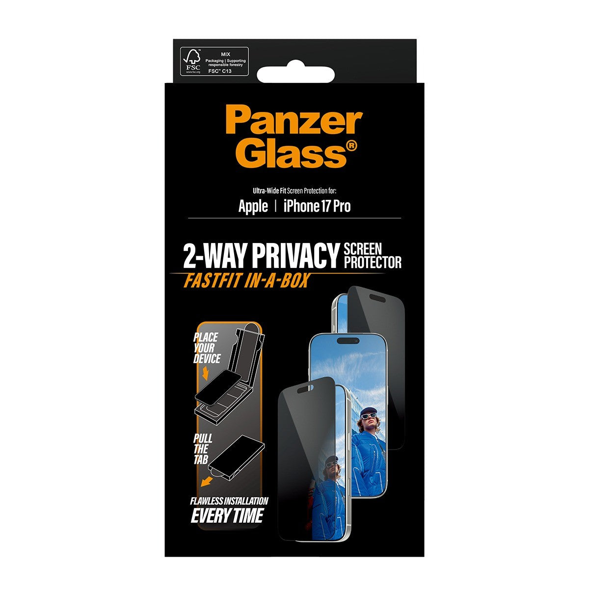 PanzerGlass iPhone 17 Pro Skjermbeskytter Ultra-Wide Fit Privacy Fastfit