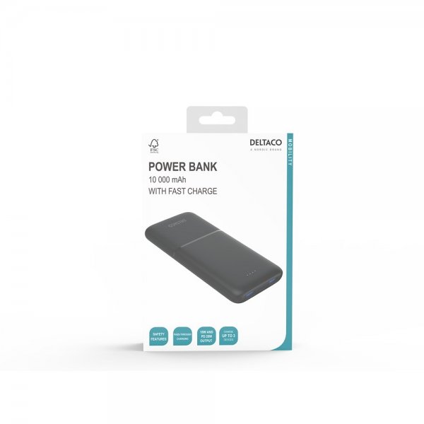 Deltaco Powerbank 10 000 mAh Fast Charge 20W Svart