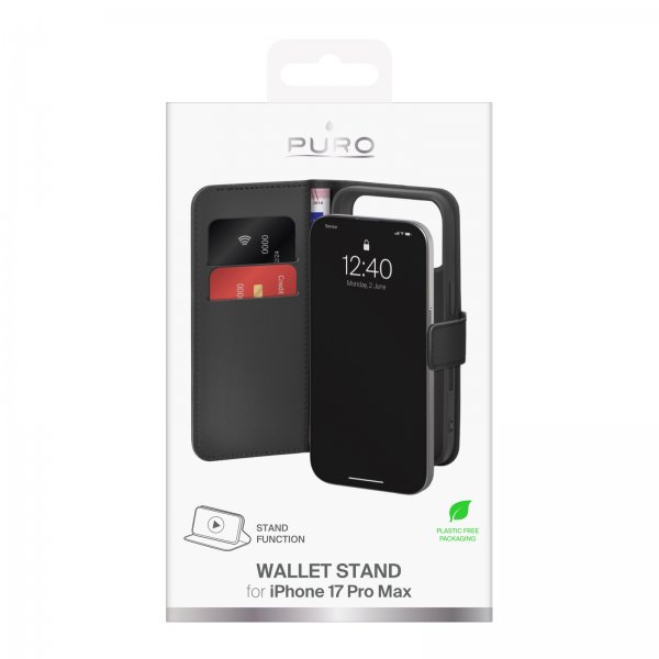 Puro iPhone 17 Pro Max Etui Wallet Stand Svart