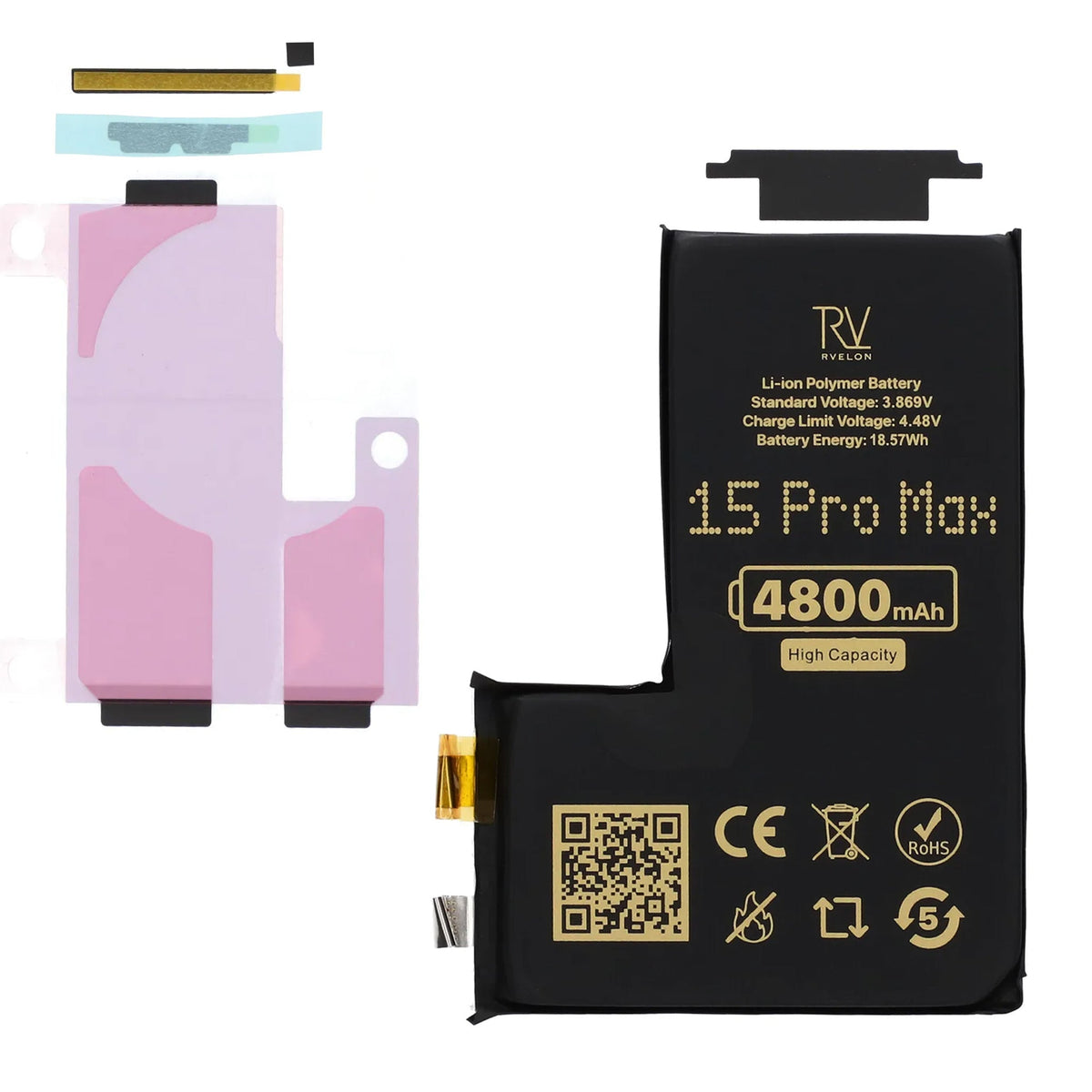 Rvelon Batteri til iPhone 15 Pro Max 4800mAh uten flexkabel