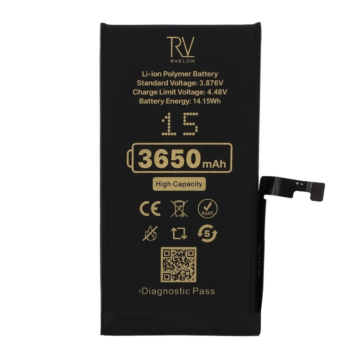 Rvelon Batteri for iPhone 15 – 3650 mAh høy kapasitet