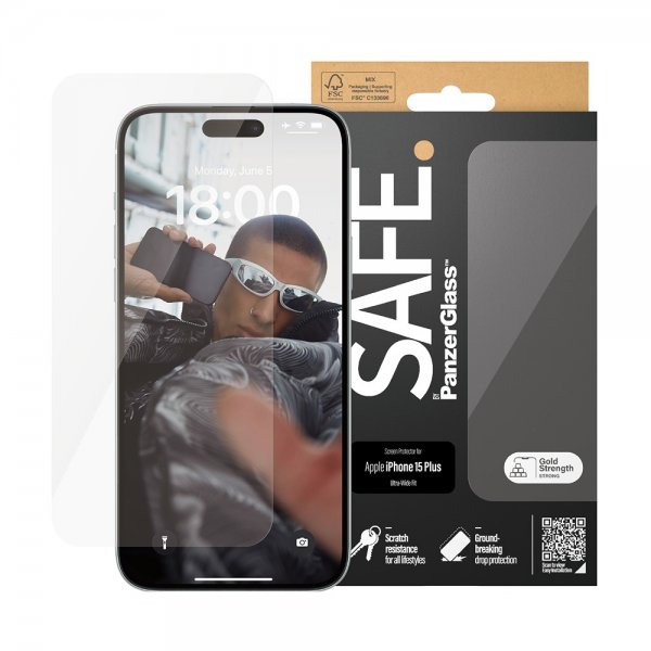 SAFE. by PanzerGlass iPhone 15 Plus Skjermbeskytter Ultra-Wide Fit