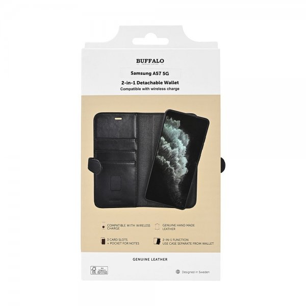 Buffalo Samsung Galaxy A57 Etui 2-i-1 Ekte skinn 3 Kortlomme Svart