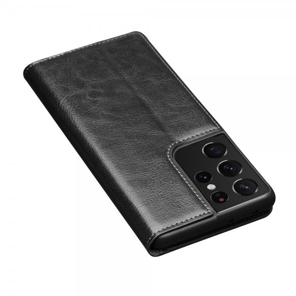 Qialino Samsung Galaxy S21 Ultra Etui Ekte Skinn Svart