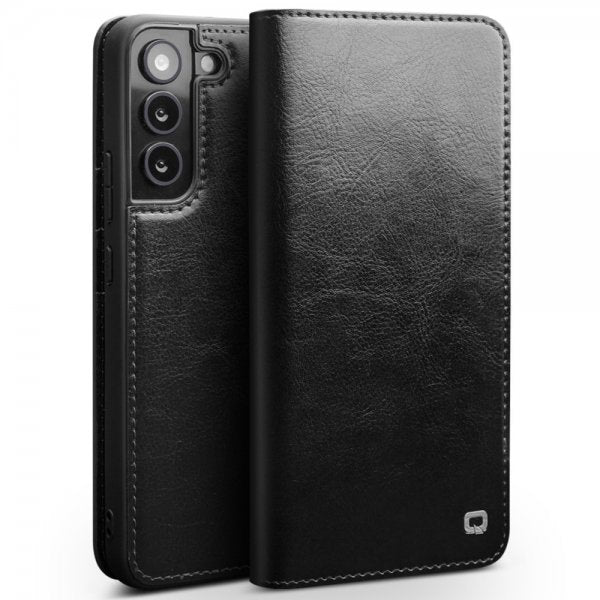 Qialino Samsung Galaxy S22 Etui Ekte skinn Kortlommer Svart