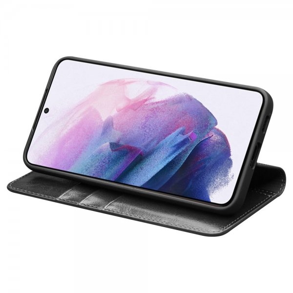 Qialino Samsung Galaxy S22 Etui Ekte skinn Kortlommer Svart