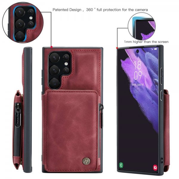 CaseMe Samsung Galaxy S22 Ultra Deksel C20 Kortlomme Glidelås Rød