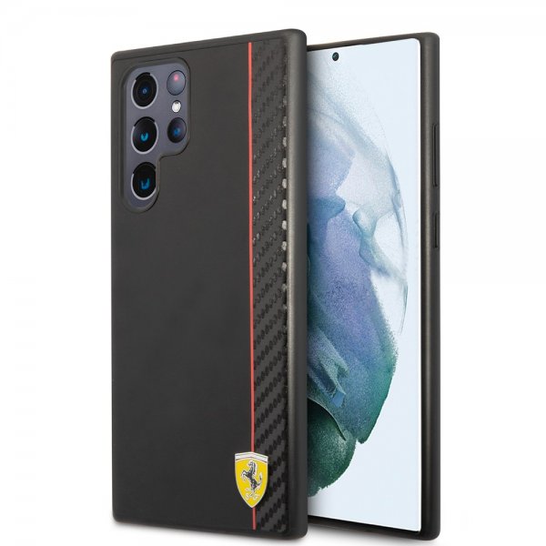 Ferrari Samsung Galaxy S22 Ultra Deksel Vertical Stripe Metal Logo  Svart
