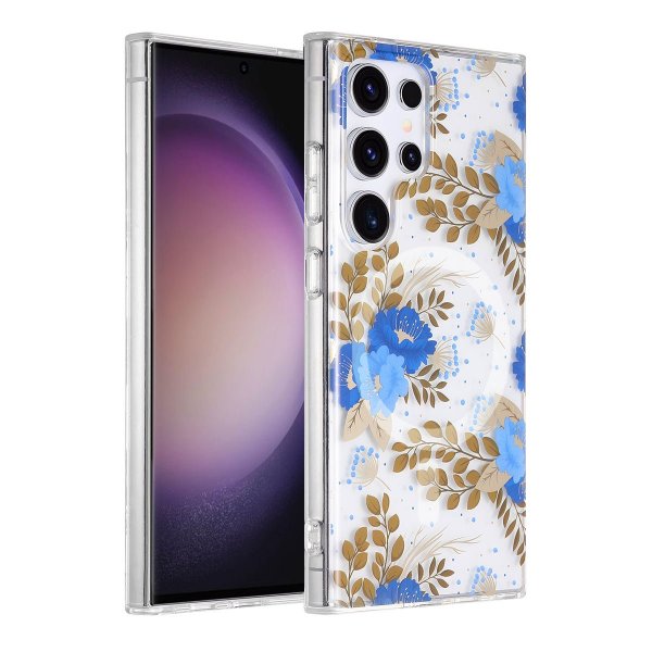 Samsung Galaxy S23 Ultra Deksel Blomstermønster MagSafe Blå Gull