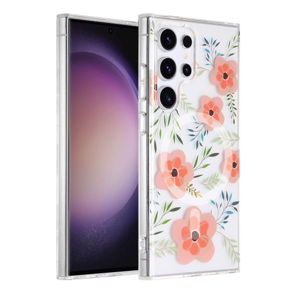 Samsung Galaxy S23 Ultra Deksel Blomstermønster MagSafe Rosa
