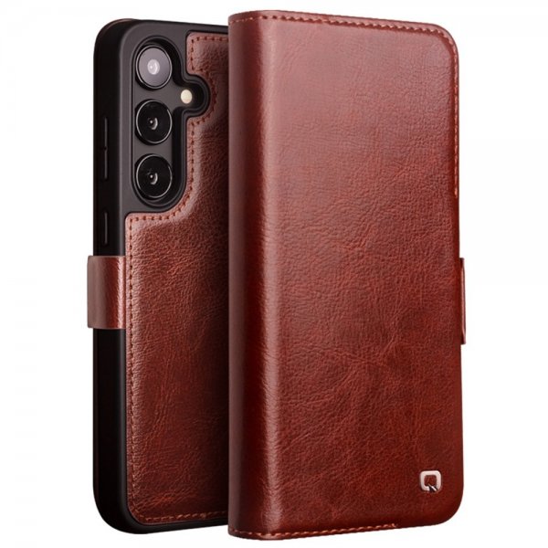 Qialino Samsung Galaxy S24 Etui Ekte skinn Kortlommer Brun