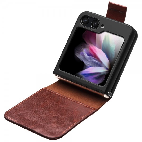 Qialino Samsung Galaxy Z Flip 5 Etui Ekte Skinn Mørkebrun