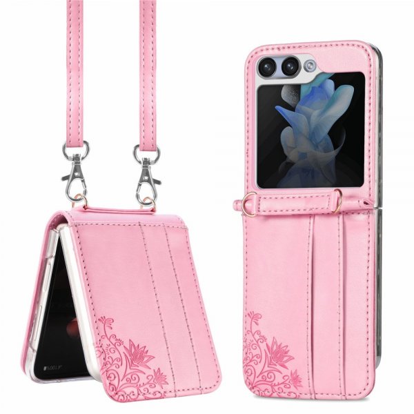 Samsung Galaxy Z Flip 5 Deksel med Skulderstropp Kortlomme Rosa