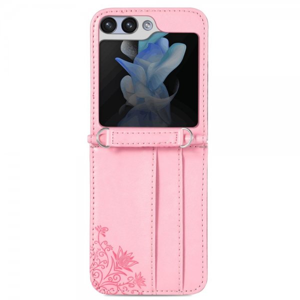 Samsung Galaxy Z Flip 5 Deksel med Skulderstropp Kortlomme Rosa