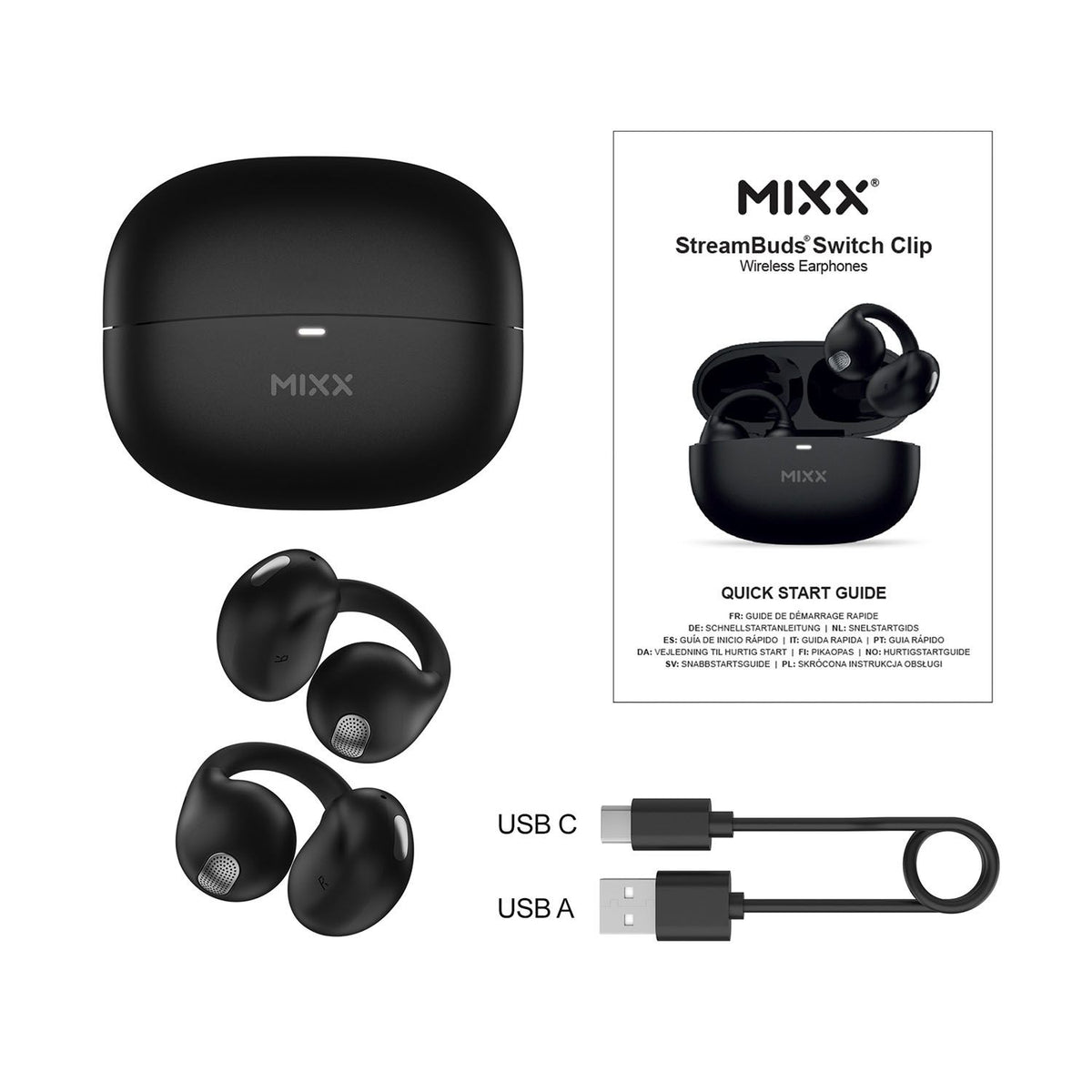 Mixx Trådløse Open-Ear Hodetelefoner StreamBuds Switch Clips Svart