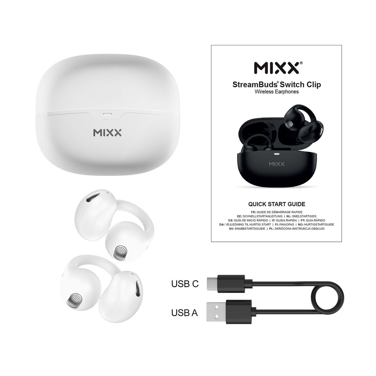 Mixx Trådløse Open-Ear Hodetelefoner StreamBuds Switch Clips Hvit