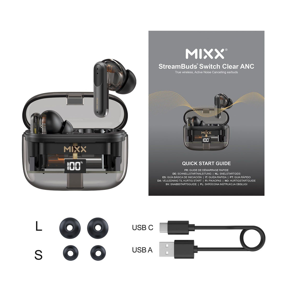 Mixx Trådløse Hodetelefoner StreamBuds Switch Clear ANC Svart