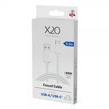 X2O USB-A til USB-C Kabel Basic 60W 0.5m Hvit