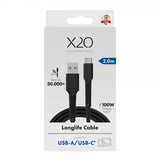 X2O USB-A til USB-C Kabel Longlife 60W 2m Svart