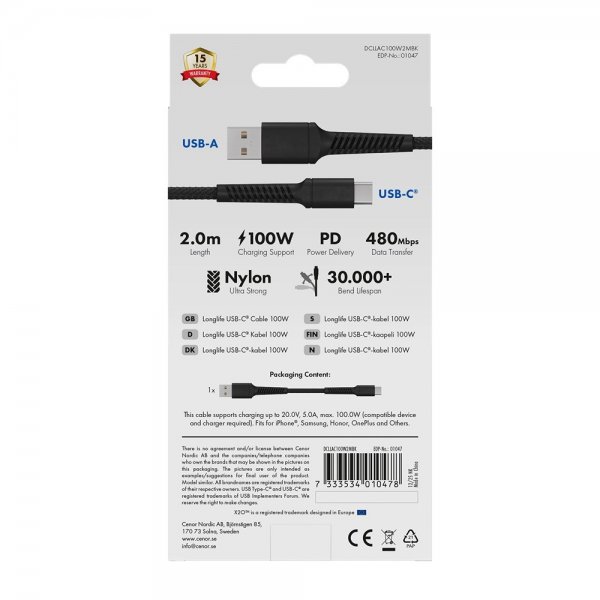 X2O USB-A til USB-C Kabel Longlife 60W 2m Svart