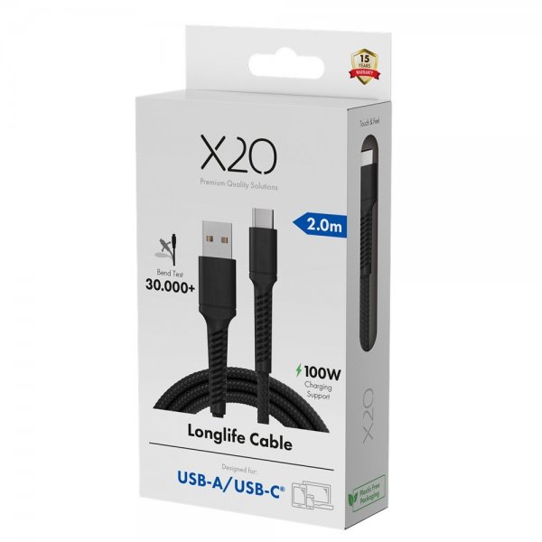 X2O USB-A til USB-C Kabel Longlife 60W 2m Svart