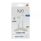 X2O USB-A til USB-C Kabel Longlife 60W 2m Hvit
