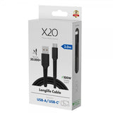X2O USB-A til USB-C Kabel Longlife 60W 3m Svart