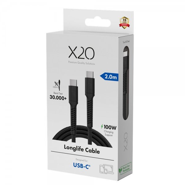 X2O USB-C til USB-C Kabel Longlife 100W 2m Svart