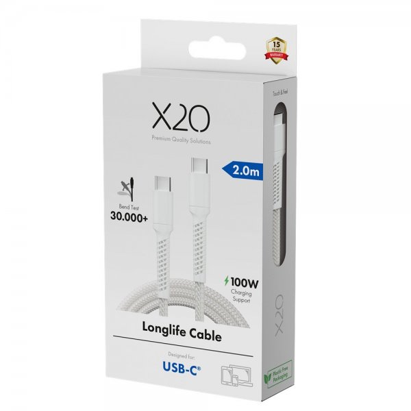 X2O USB-C til USB-C Kabel Longlife 100W 2m Hvit