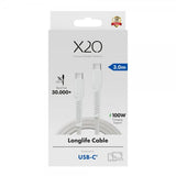X2O USB-C til USB-C Kabel Longlife 100W 3m Hvit