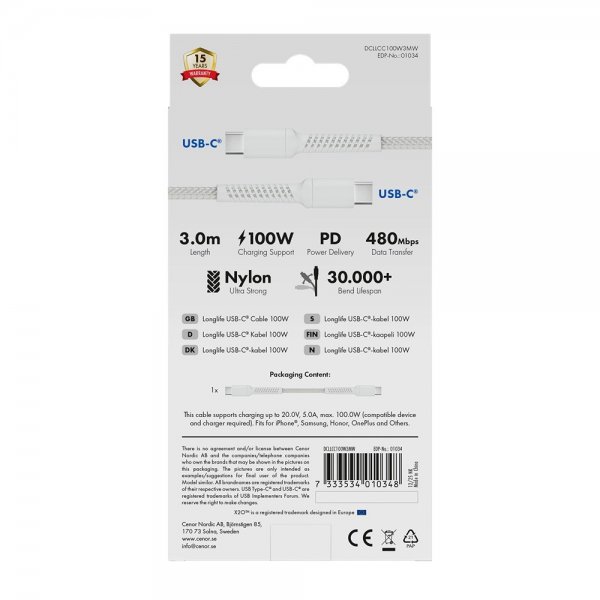 X2O USB-C til USB-C Kabel Longlife 100W 3m Hvit