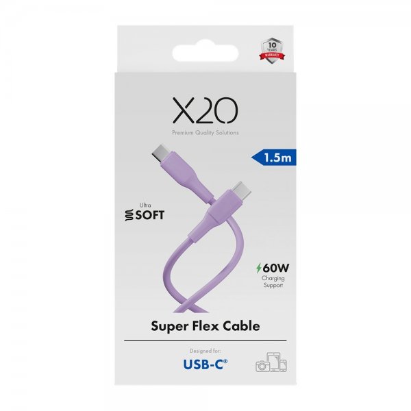 X2O USB-C til USB-C Kabel Superflex 60W 1.5m Rosa