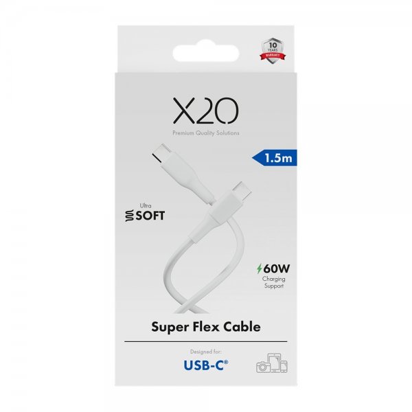 X2O USB-C til USB-C Kabel Superflex 60W 1.5m Hvit