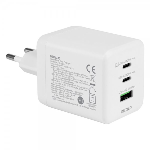 Deltaco Vegg Lader GaN 1x USB-A 2x USB-C PPS 100W