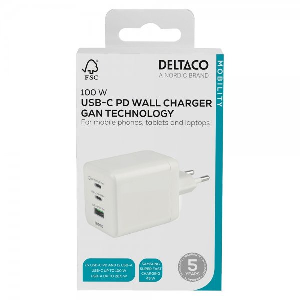 Deltaco Vegg Lader GaN 1x USB-A 2x USB-C PPS 100W