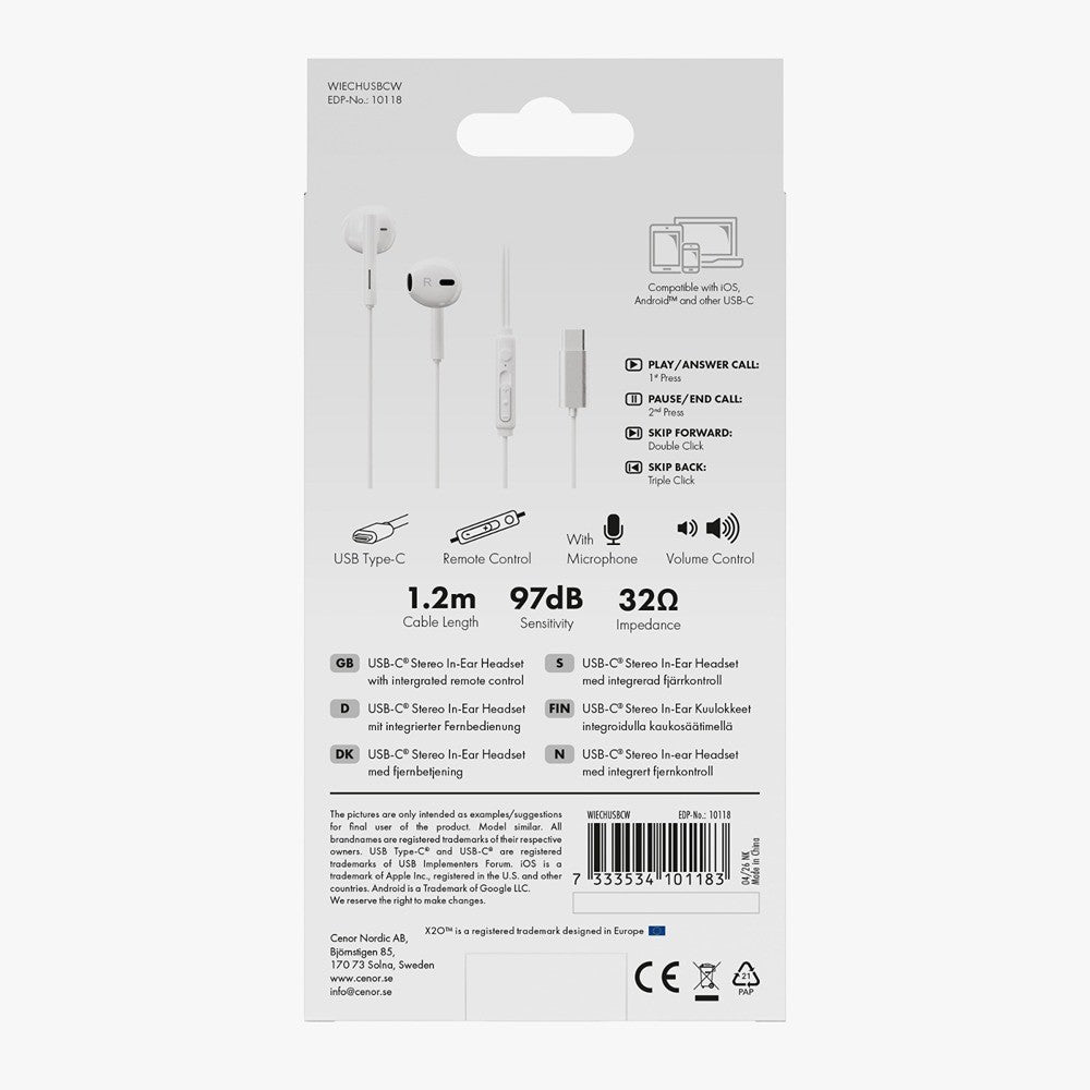 X2O Trådade Hodetelefoner USB-C Capsule 1.2m Hvit