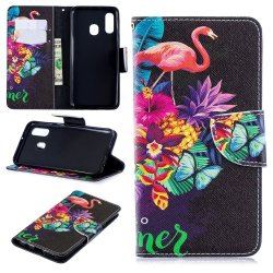 Samsung Galaxy A40 Plånboksetui PU-skinn Motiv Flamingo och Blommor