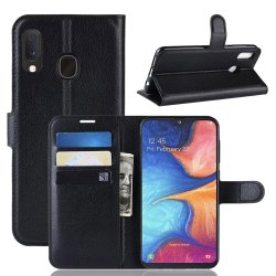 Samsung Galaxy A20E Plånboksetui Litchi PU-skinn Svart