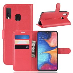 Samsung Galaxy A20E Plånboksetui Litchi PU-skinn Rød