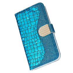 iPhone 13 Pro Etui Krokodillemønster Glitter Blå