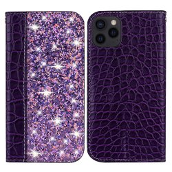 iPhone 13 Pro Etui Krokodillemønster Glitter Flip Lilla