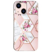 iPhone 15 Plus Deksel Marmormønster Blomster Rosa
