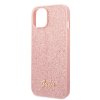 iPhone 14 Plus Deksel Glitter Flakes Metal Logo Rosa