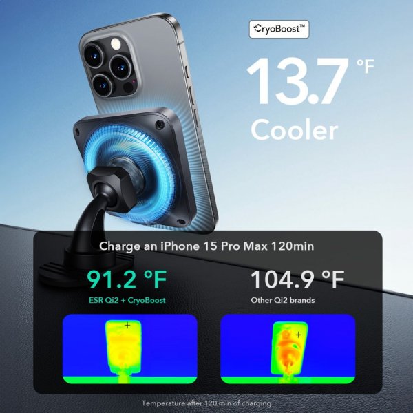 Mobilholder til bil Qi2 Air Vent/Dashboard Wireless Car Charger CryBoost HaloLock Svart