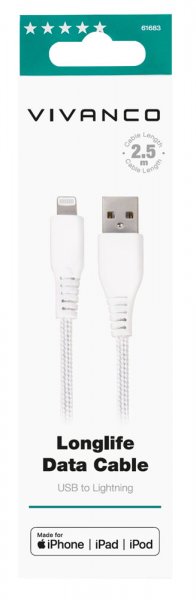 Kabel Longlife Braided USB-A/Lightning 2.5m Hvit