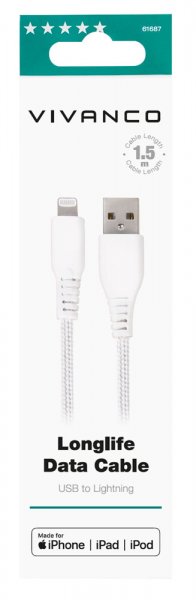Kabel Longlife Braided USB-A/Lightning 1.5m Hvit